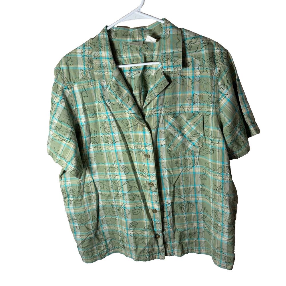 Erika Shirt Women's 1X Button Up Short Sleeve Green Floral Short Sleeve Top